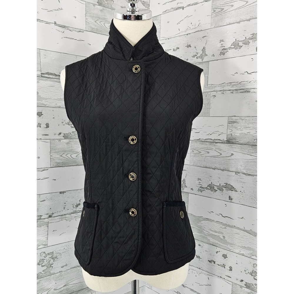 Talbots Black Quilted Vest Petite Small Gold Button Fleece Lined Mock Neck